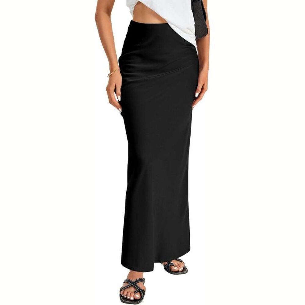 Women's Elegant Satin Maxi Skirt - High Waist A-Line Long Skirt Black